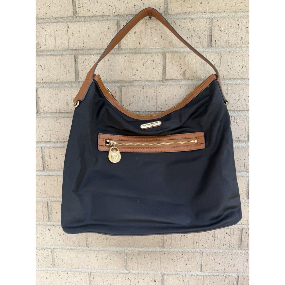 Michael Kors Kempton Nylon Tote Black w/ Brown Leather Trim Large Shoulder Bag